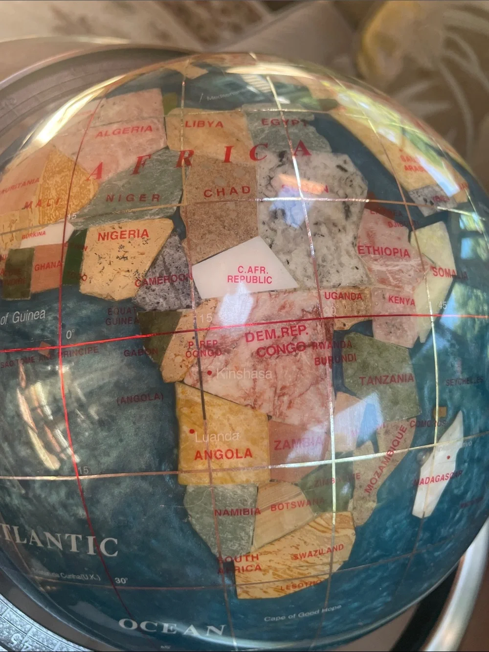 Unique Semi Precious Stones Revolving Globe on Silver Stand